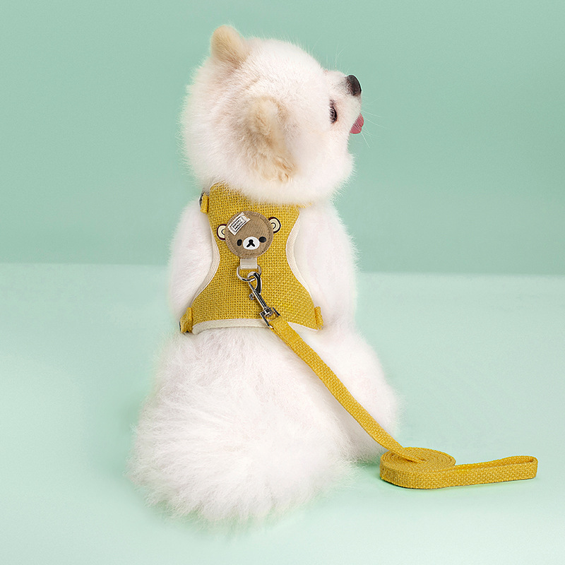 Cute Dog Harness and Leash Set, Linen Material Breathable Lightweight Easy Walk Escape Proof Vest Harnesses with Safety Buckle for Small Medium Dogs, 