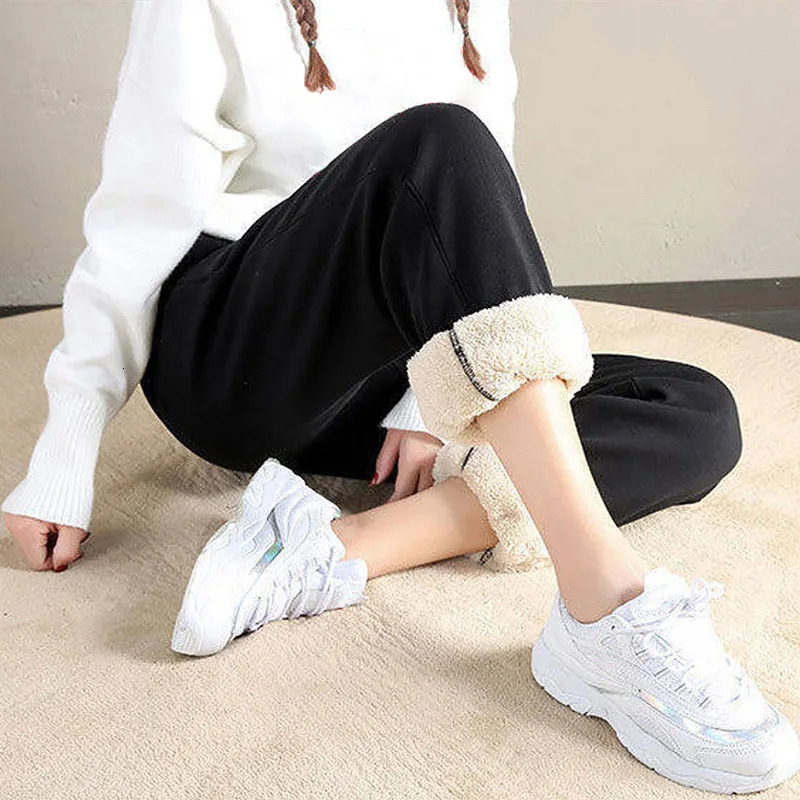 Winter Lambswool Warm Casual Pants Fleece Lined Sweatpants High Waist Stretchy Thick Thermal 250304