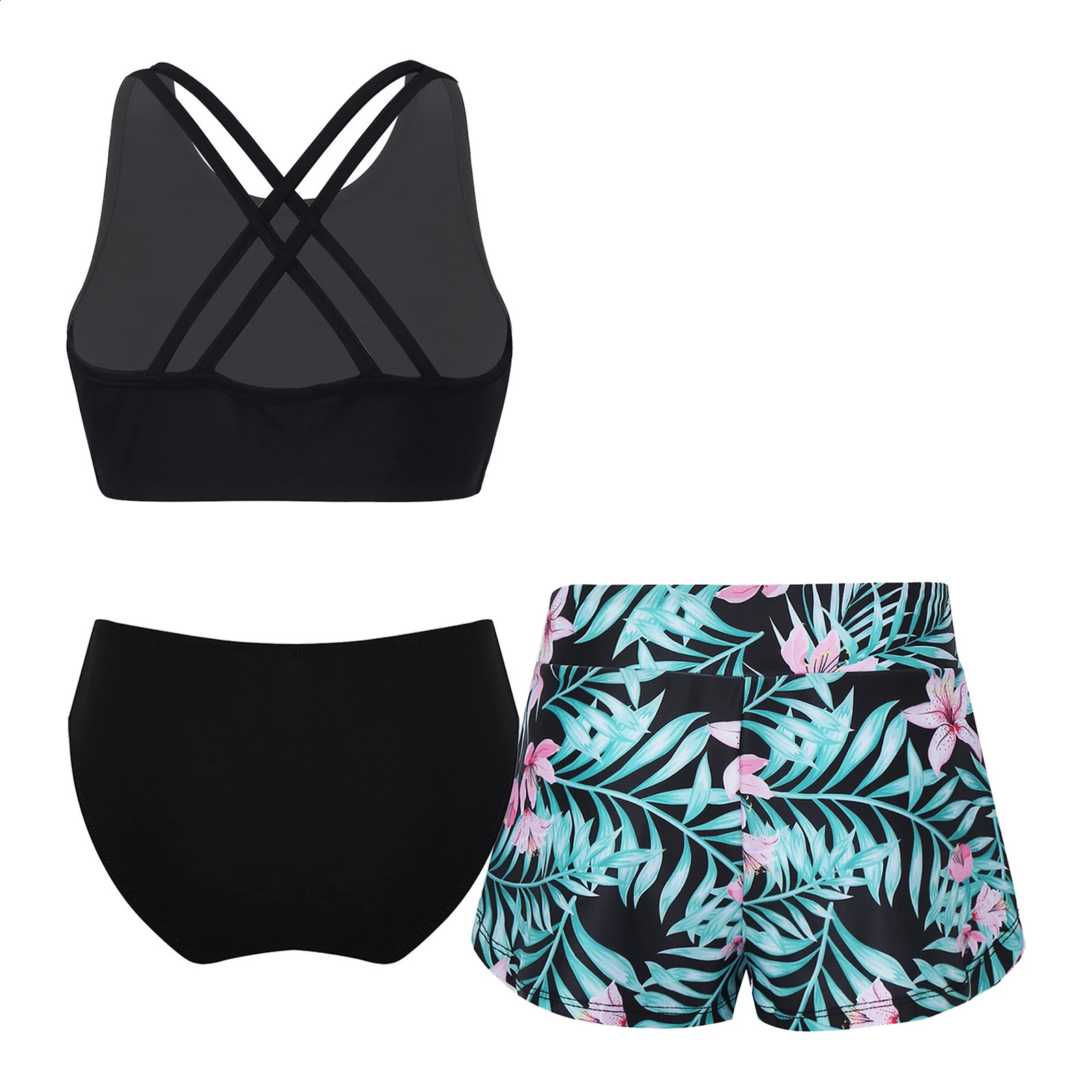 Kids Girls 3 Pieces Swimming Bathing Suits Beach Wear Bikini Tankini Swimsuit Crop Tank TopBriefsPrinted Shorts Swimwear Set 250304