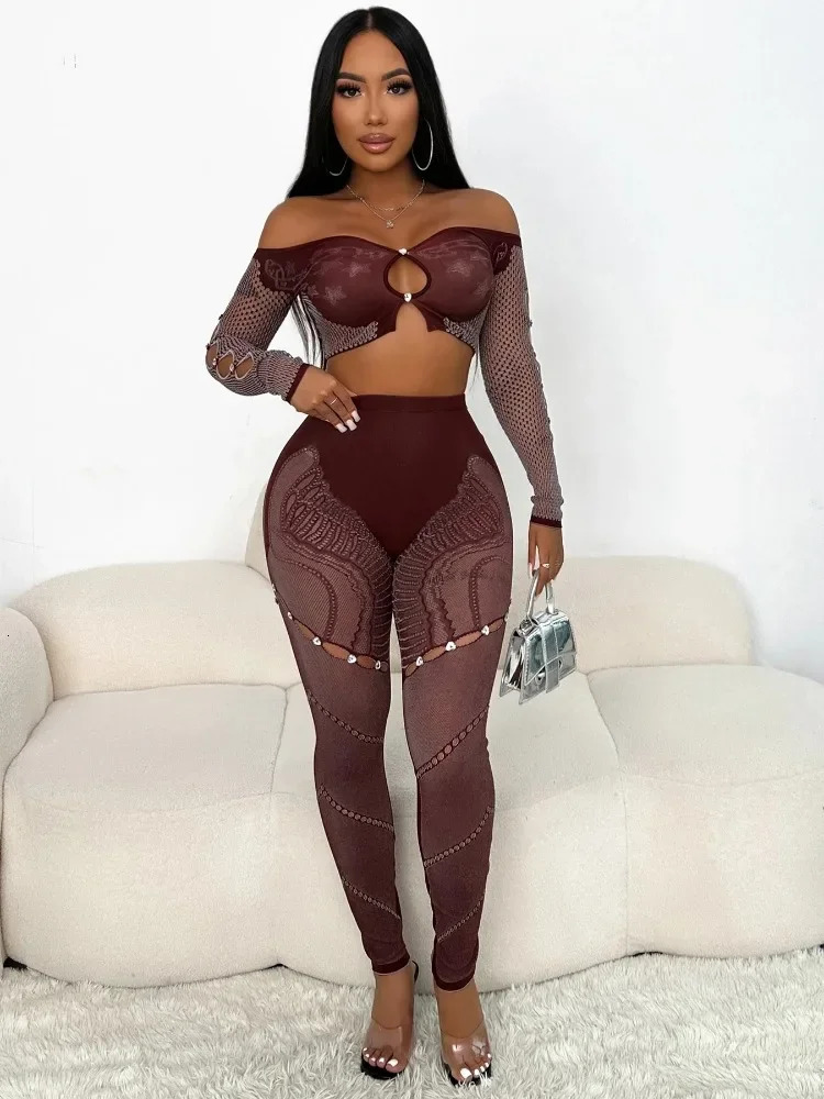 Leosoxs Sexy Thick Women 2Piece Set Chic Hollow Rhinestones Slash Neck Crop TopsPatchwork Leggings Stretch Matching Clubwear 250304