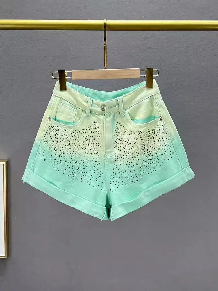 Diamond Denim Shorts Trendy Summer Highwaisted Loose Slimming Cuffed Wideleg Pants 250304