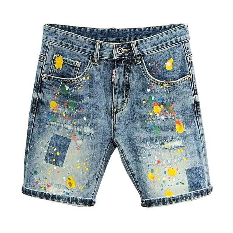 Trendy Denim Shorts For Men Summer Style Washed Blue Hole Punk American Style Slim Fit Graffiti Painted Mid Waist PantsT250305