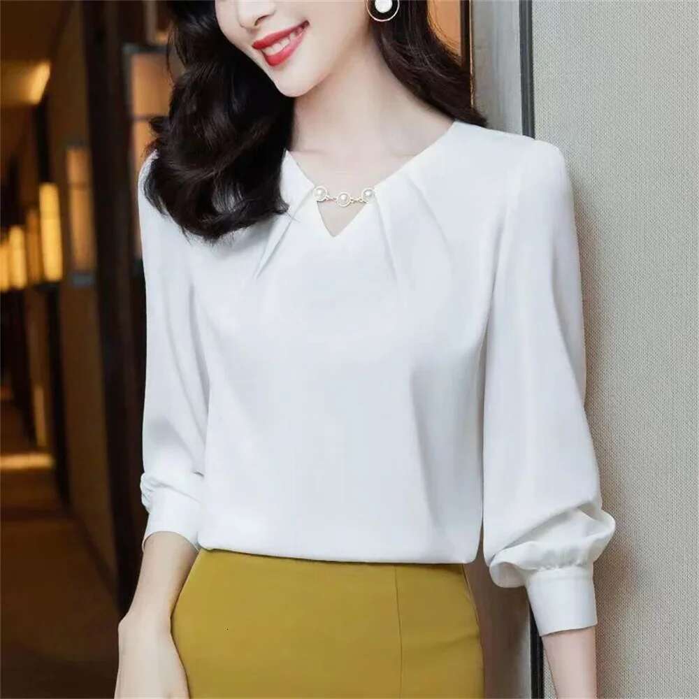 2024 New Office Lady Women's Clothing Korean Elegant Fashion Chiffon Solid Blouses V-Neck White Tops T-Shirt For Women Fashion