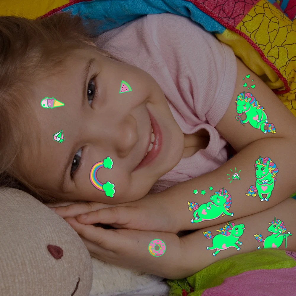 5pcs Green Luminous Glow Kids Cute Unicorn Waterproof Temporary Tattoo Stickers Dream Face Party Decoration Flash Body Art 250219