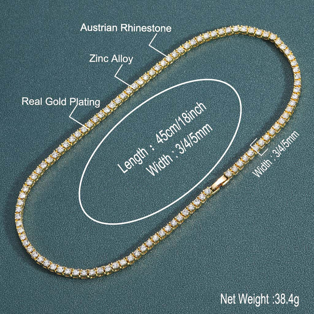 3mm/4mm Diamond Tennis Chain Necklace TopBling Gold Plated Jewelry Hip Hop Chains Necklace