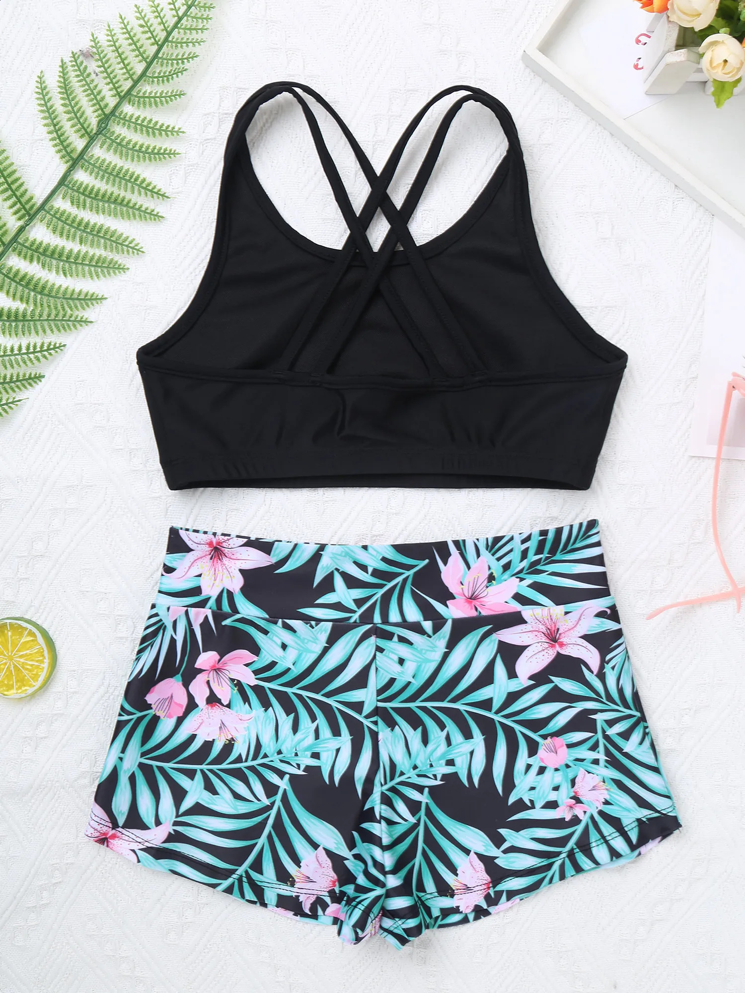 Kids Girls 3 Pieces Swimming Bathing Suits Beach Wear Bikini Tankini Swimsuit Crop Tank TopBriefsPrinted Shorts Swimwear Set 250304