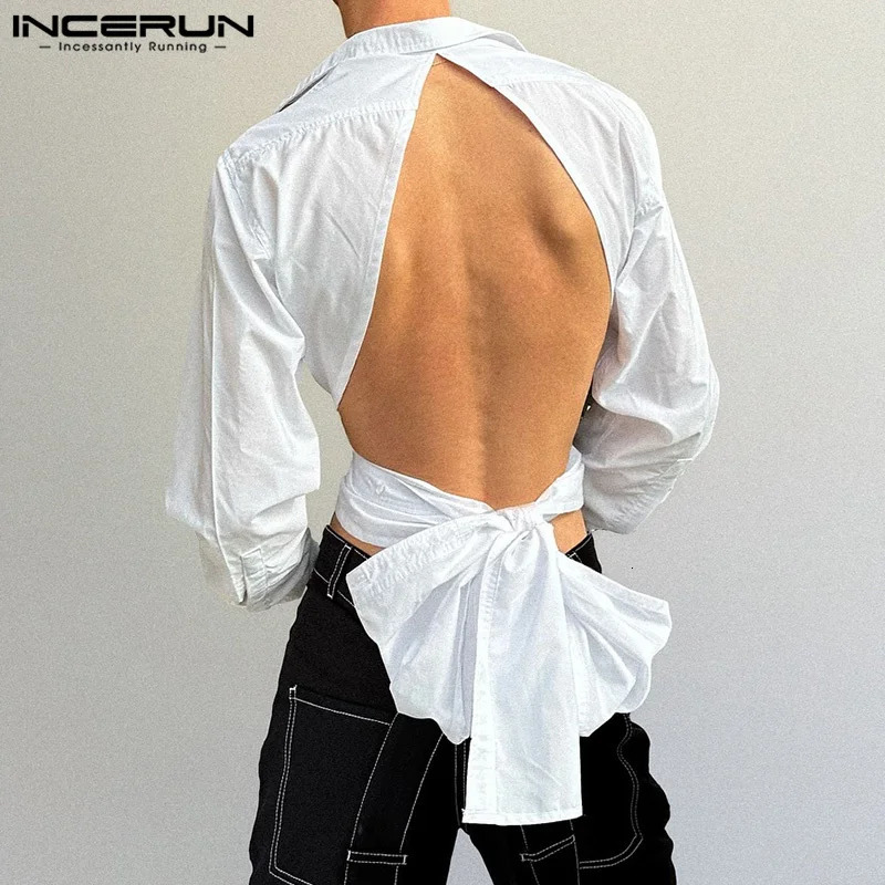 INCERUN Men Fashionable Shirts Turn Down Collar Long Sleeve Button Down Backless Tops Back Hollow Out Lace Up Bow Knot Blouse 250304