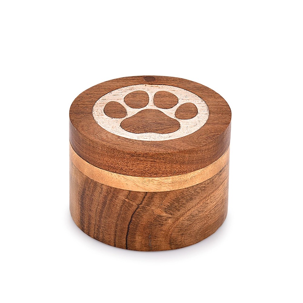 Wood Decorative Urns Round Shape White Paws Design Urn for Ashes for Dogs, Pet Urns for Cats (3.5" x 3.5" x 2.5")