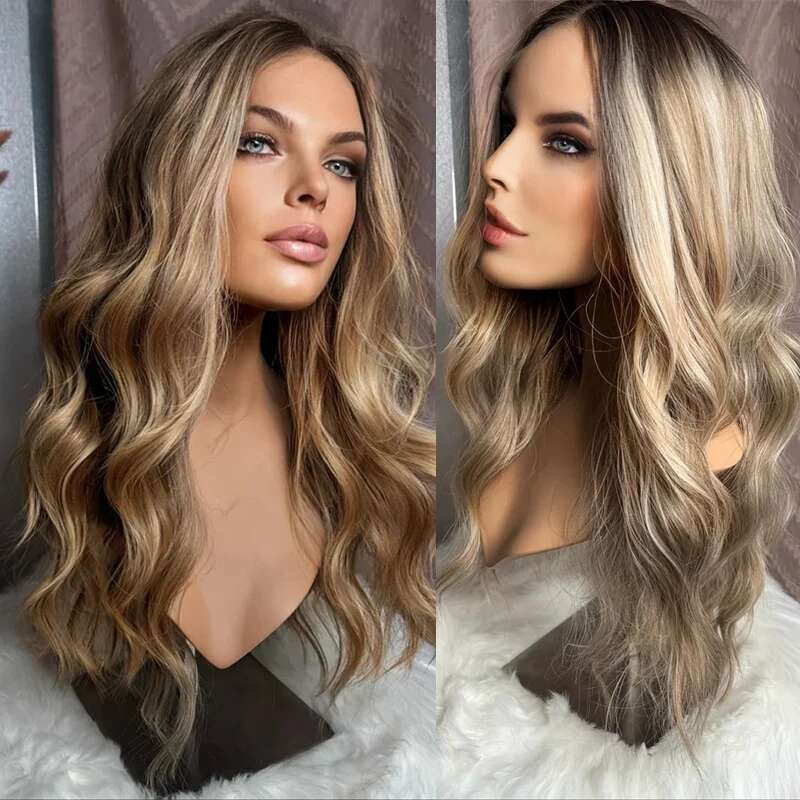 Ombre Ash Blonde Highlight 13X4 Synthetic Hair Front Wigs For Women Dark Roots 26Inch Long Body Wave HD Lace Wig Wear To Go
