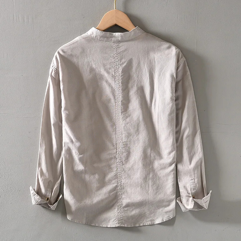 2024 Mens Linen Longsleeved Shirt with Stand Collar Youth Casual Loose Cotton and White Beach Vacation Top 250227