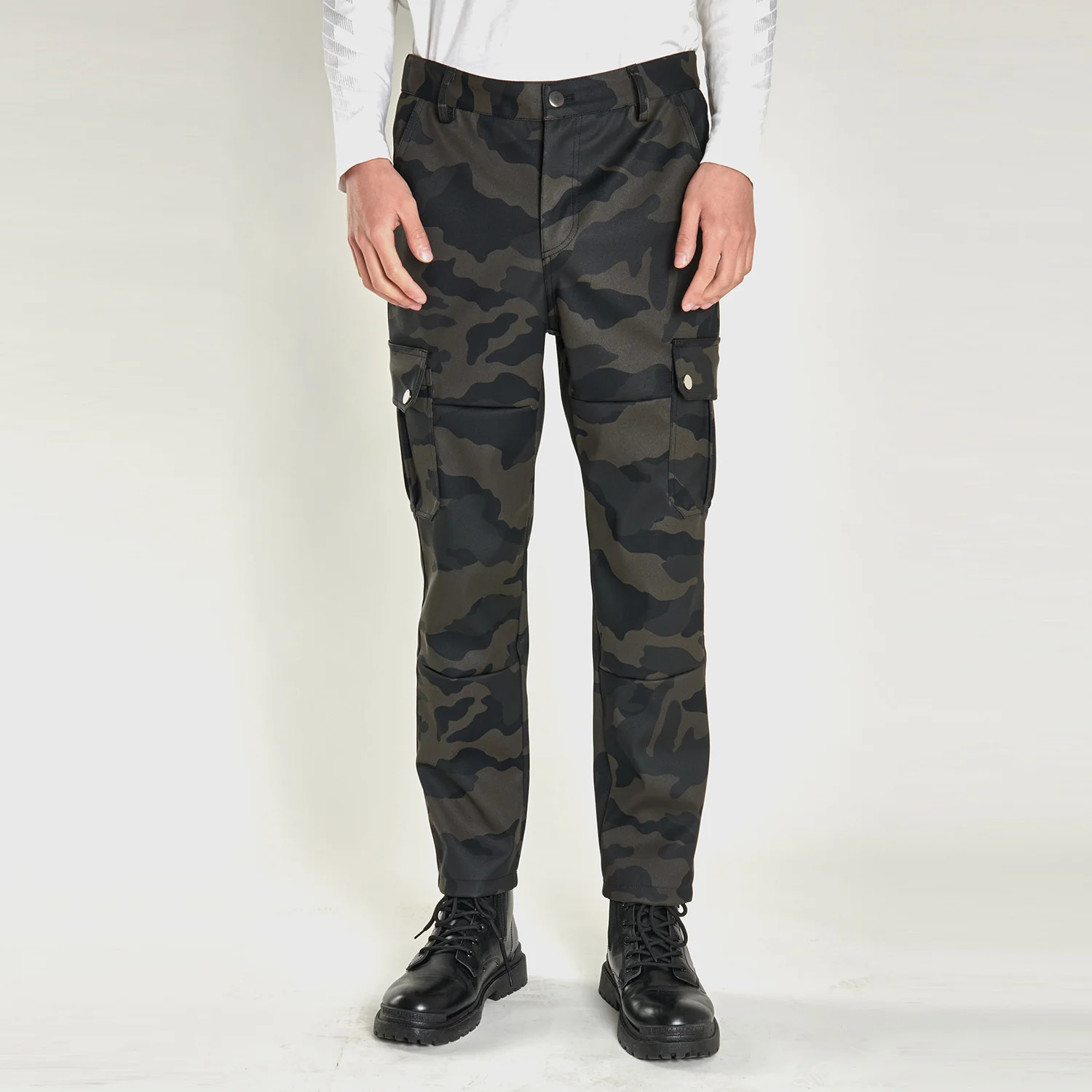 2214 Spring Autumn Camouflage Cargo Leather Pants Men Pockets Pencil Harem PU Plus Size Streetwear Faux Trousers 250304