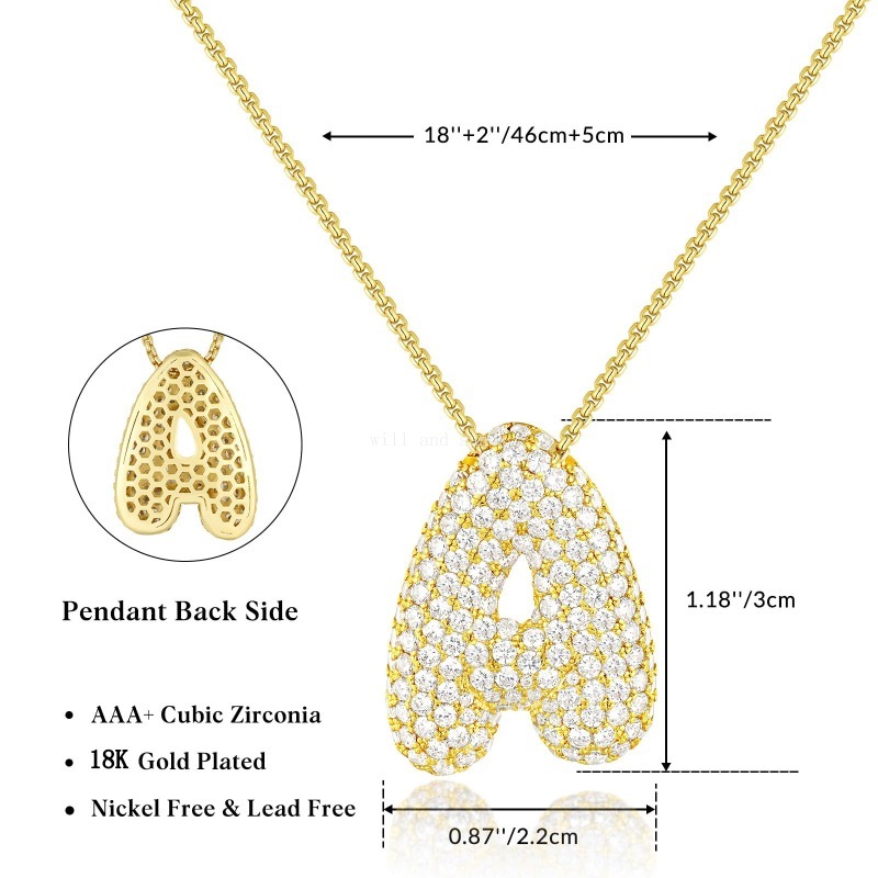 18k Gold Cubic Zircon English Letter Necklace Fashion Chunky Bubble Initial Pendants Gold Chains for Woman Man Fine Jewellry