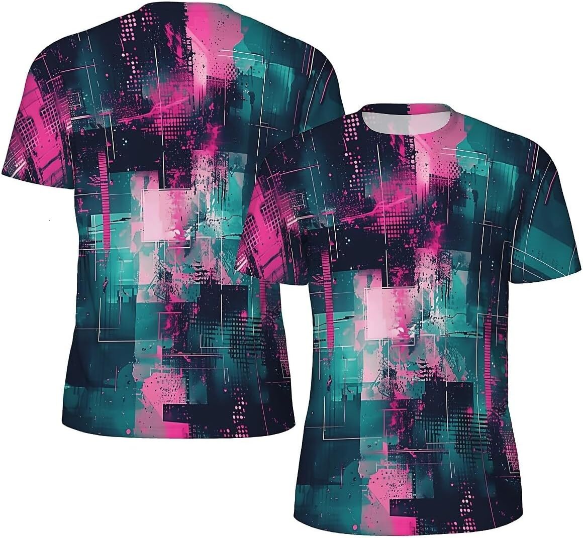Mens T shirt Men's Novelty T-Shirts Graphic 3D Print Short Sleeve Summer T-Shirt Neon Pink and Teal Art tee Casual tops summer clothes