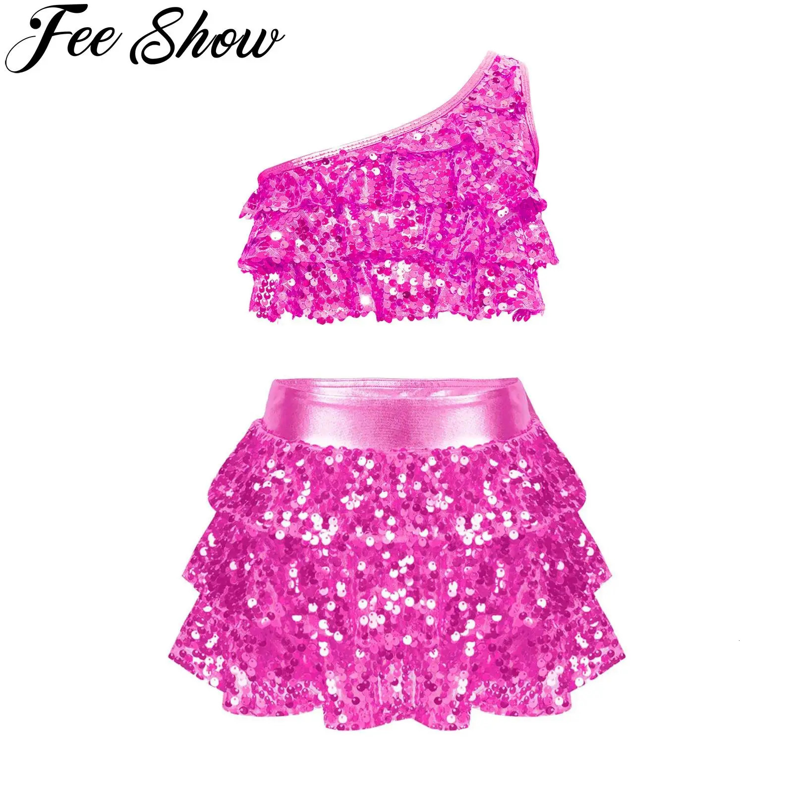 Kids Girls Sequins Jazz Dance Costumes Sleeveless Ballet Gymnastics Crop Top Skirt Set Hip Hop Ballroom Performance Clothes 250304