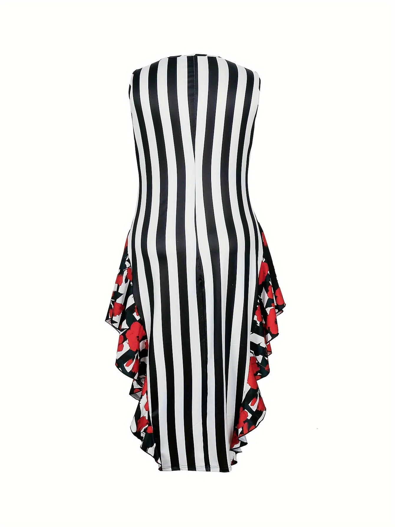 Plus Size Womens Casual Fashion Sleeveless Black and White Striped Fishtail Hem Dresses 250225