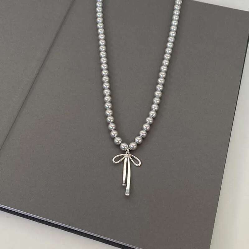 Fashion Grey Imitation Pearl Tie Pendant Necklace for Women Simple Handmade Bow Shaped Earrings Trend Jewelry Set