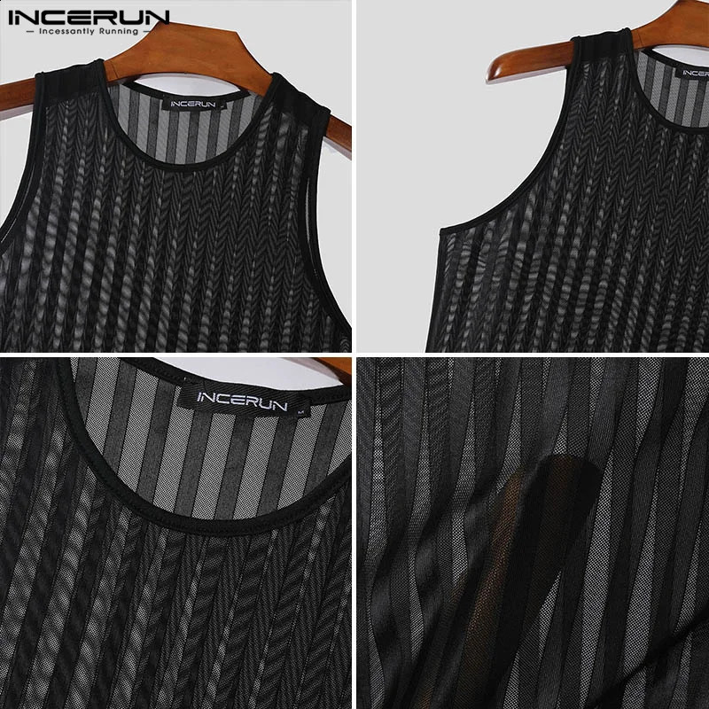 INCERUN Men Tank Tops Striped Mesh Patchwork O-neck Sleeveless Male Vests Summer Streetwear Fashion Sexy Men Clothing S-5XL 250227