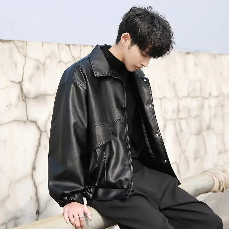 Korean Version of The Trend Handsome Loose PU Leather Clothes Mens Spring and Autumn Fashion Locomotive Clothing Bomber Jacket 250225