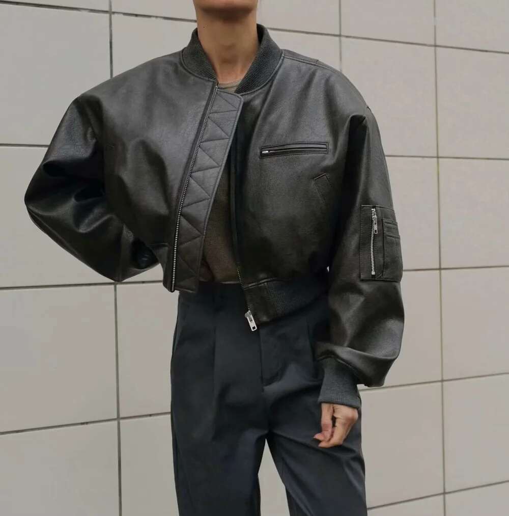 Padded Traf 2024Autumn-Winter New Fashion Spice Girl Style Short Chunky Texture Women's Jacket Motorcycle Leather