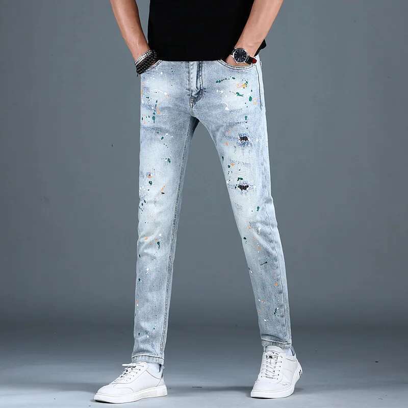 Trendy High-End Jeans Men's Personalized Paint Printing Slim Fit Skinny Stretch Casual Street Motorcycle Trousers