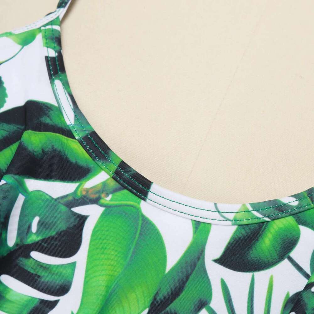 Waist High Double Shoulder Strap Swimsuit Ruffle Print Two Piece Bathing Suit Sexy Women Bikini Set Km-Ly