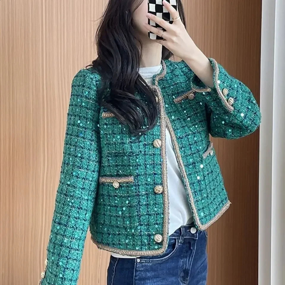 Tweed Wool Blend Coat for Women Round Neck Mixtures Jacket Woman Splicing Outerwears Novelty on Sale In Trendy 250225