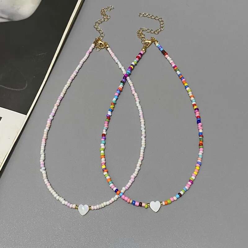 New Nature Shell Love Heart Choker Girl Spring Summer Fashion Small Colorful Glass Beads Necklace Gift for Friend