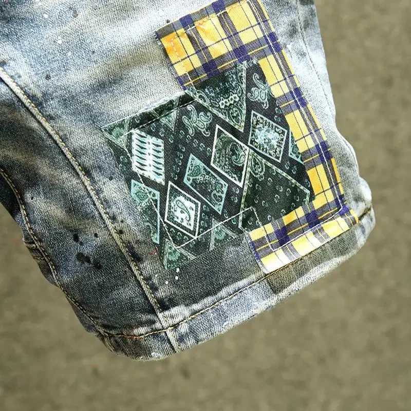 Male Denim Shorts Ripped Cut Spliced Graphic Mens Short Jeans Pants Y2k Fashion Original Summer Korean Vintage Buttons New InT250305