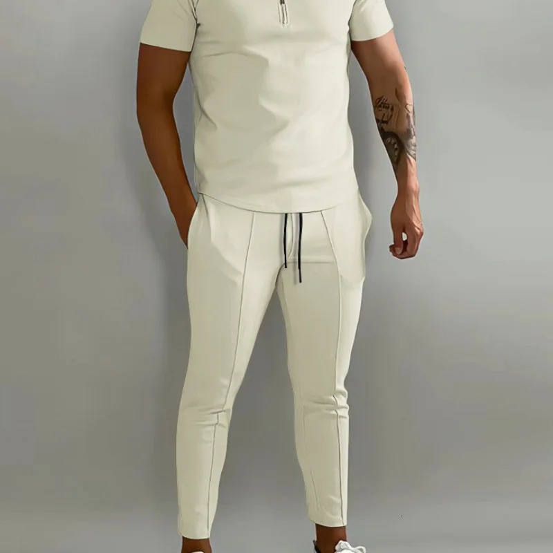 Cross-border Spring and Summer Mens Suit Lapel Short-sleeved POLO Shirt Sports Trousers 2-piece Set for Men 250304