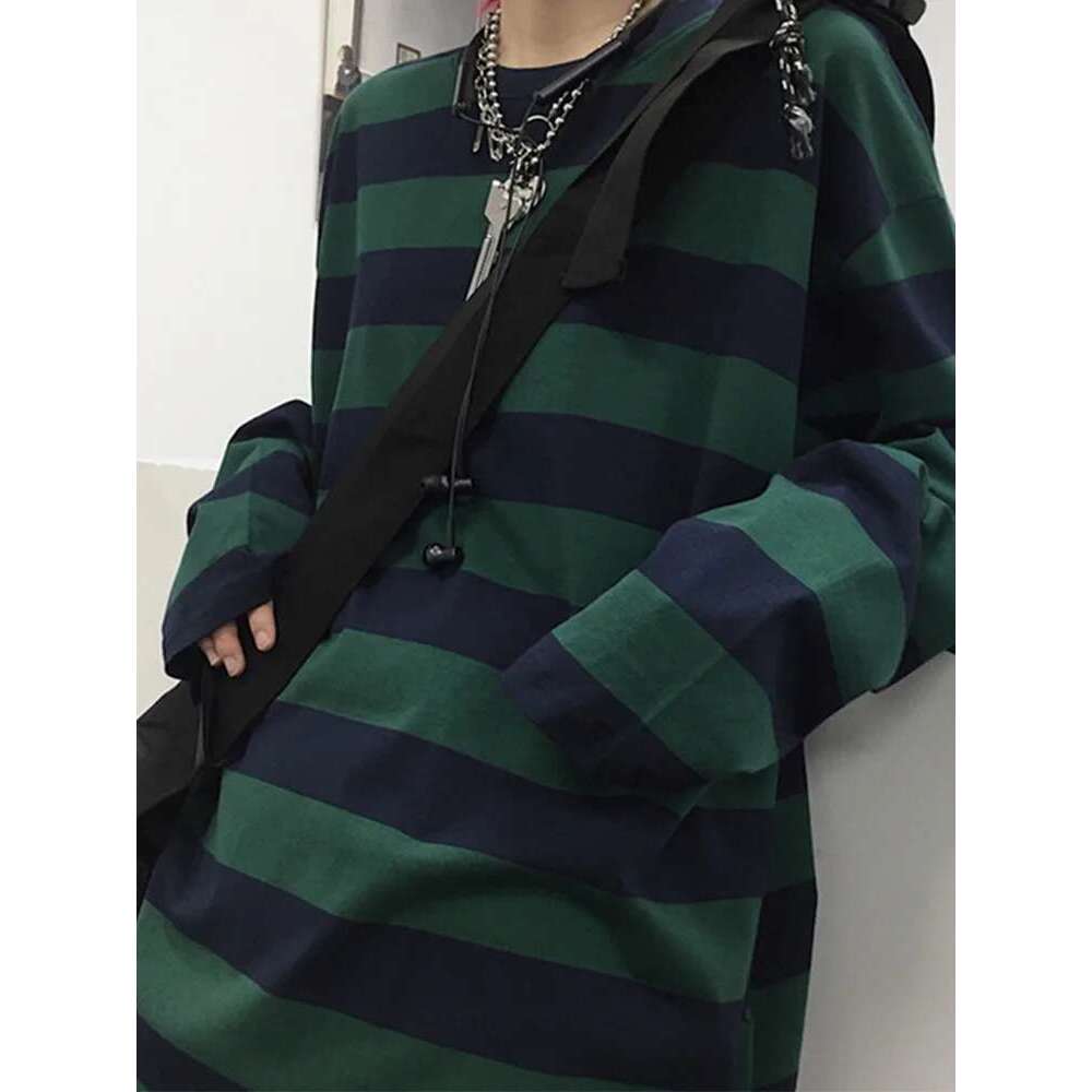 Shirt Striped Streetwear Haruku Couple Female Long Sleeve Gothic Shirts Spring Woman T-Shirt Vintage Blouse Tops KLMY T-