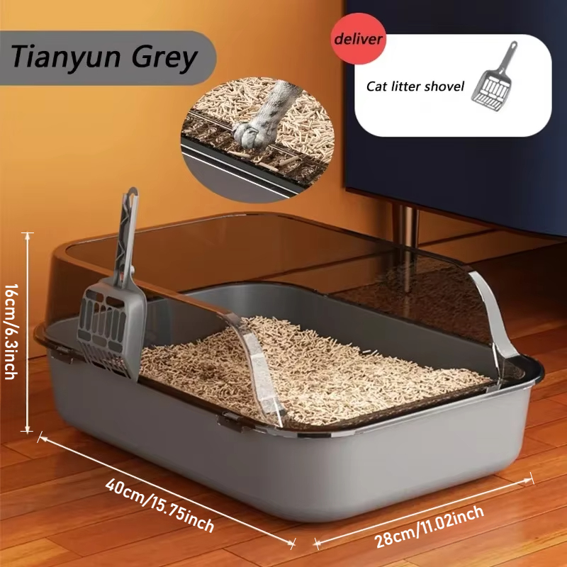 Cat Litter Box High Side Semi-Enclosed Splashproof Design Easy Clean Pet Toilet Cleaning Basin Supplies For Kittens Pet Supplies