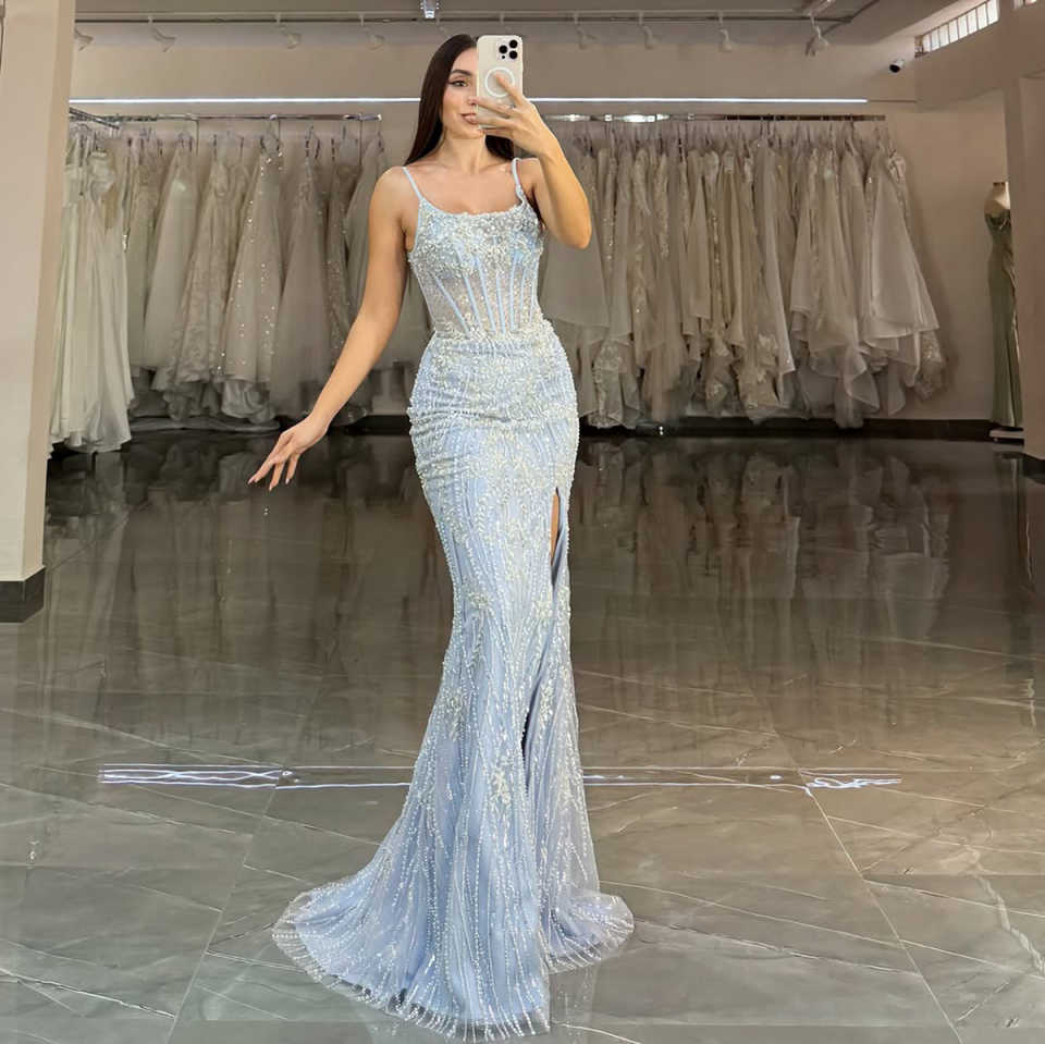 Elegant Mermaid Evening Dresses For Women Spaghetti Strap Sleeveless Gown Appliques Sequins Detachable Train Party Customized Dress