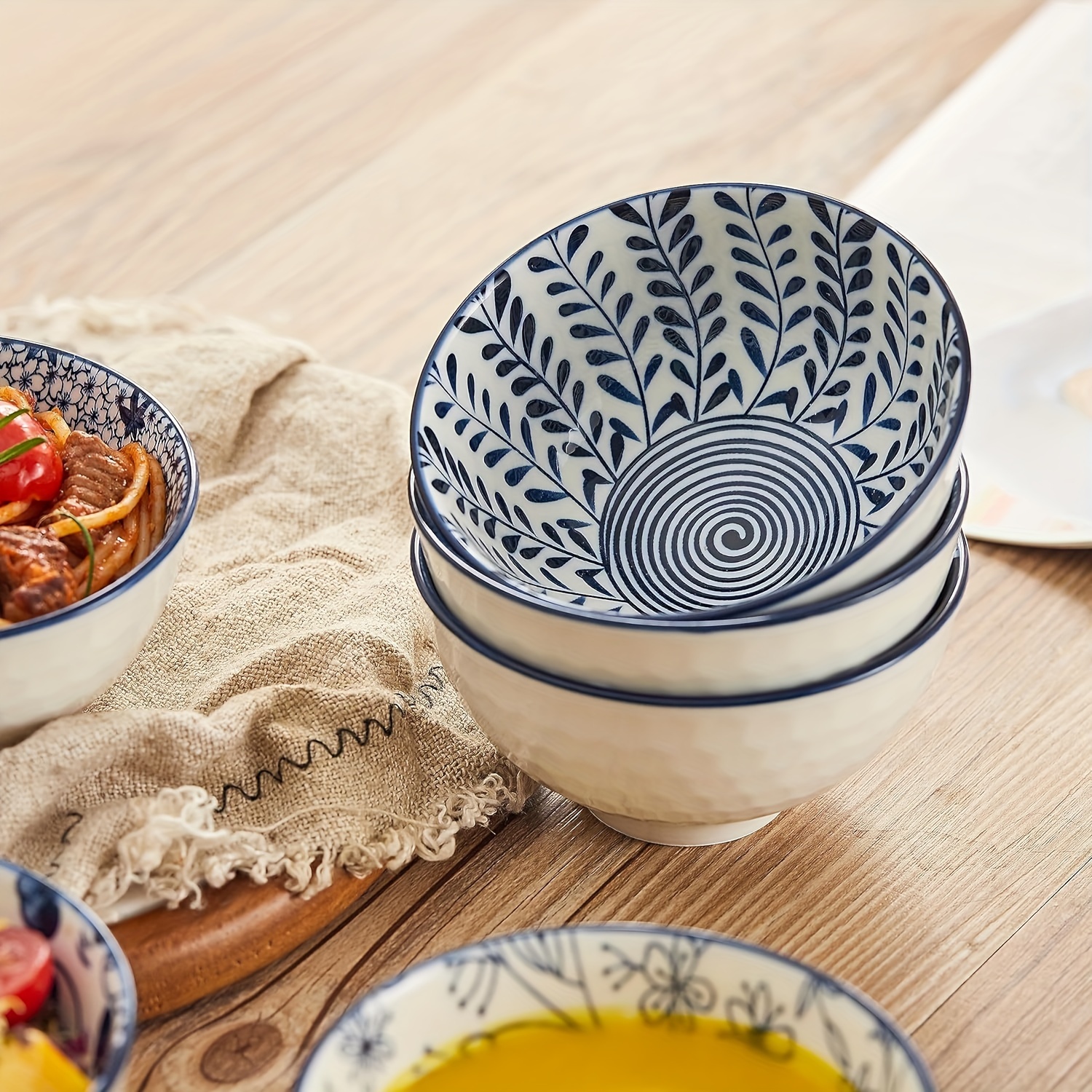 Japanese Style Ceramic Cereal Bowls,10 Ounces Salad,Soup,Rice Bowl Set,Blue and White (4.5 inch)