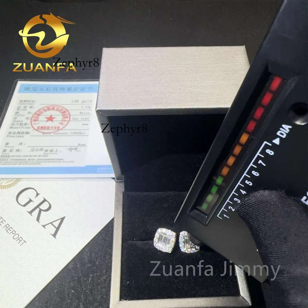 2025 model New Designs 14K Solid Real Gold Iced Out Hip Hop Jewelry Baguette Vvs1 Moissanite Dia Stud Earrings