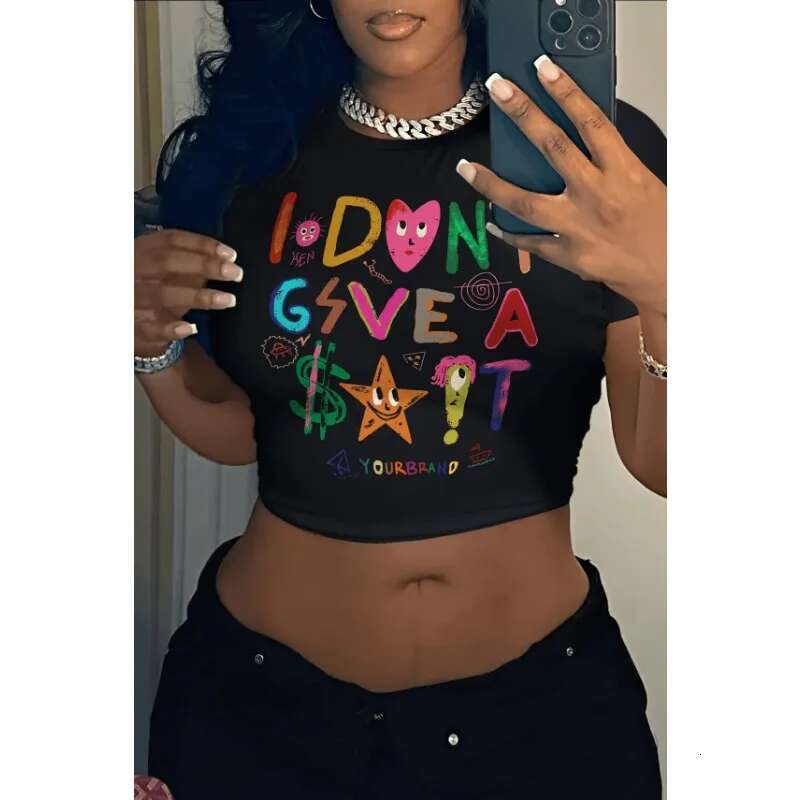 New American Round Neck Sexy Lady Exposed Belly Button Outfit T-Shirt Summer Versatile Pattern Printed Short Sleeved Tops