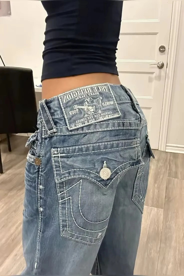 Vintage Buddha Womens Jeans Y2K Harajuku Gothic Pocket Embroidery Blue Baggy Denim Pants High Waist Slim Flare Pant 250227