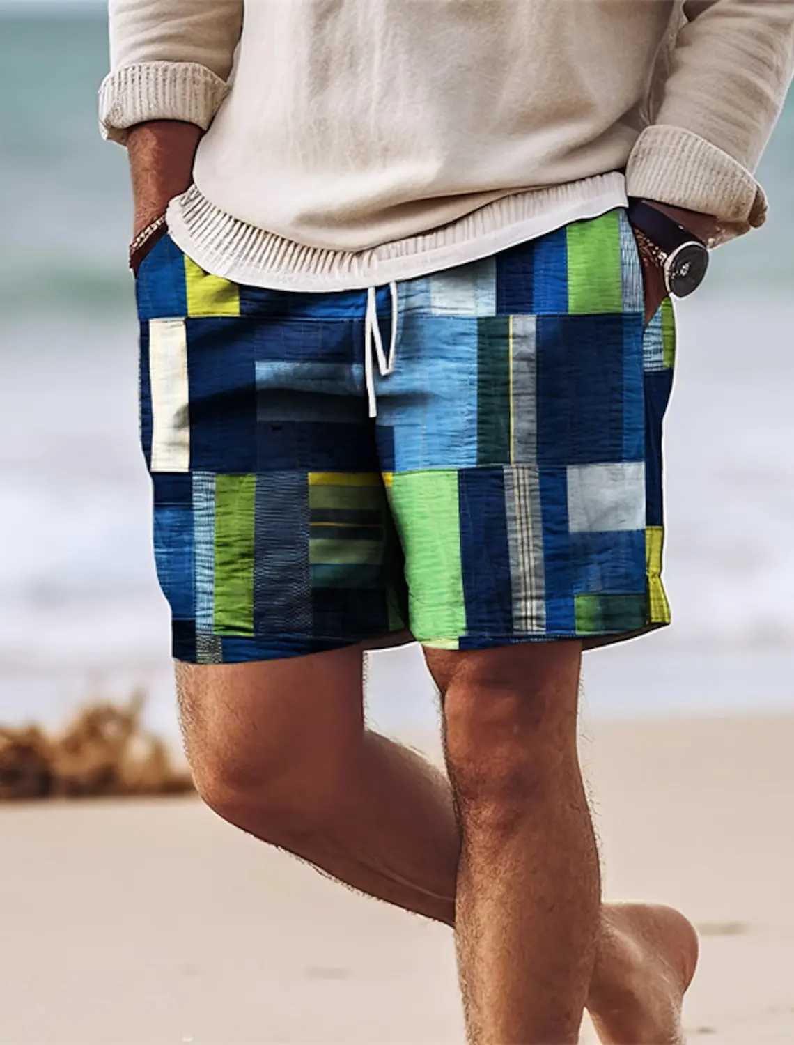Mens Summer Shorts Beach Shorts Drawstring 3D Printed Color Blocks Geometric Breathable Soft Street Clothing HawaiiXJ250304