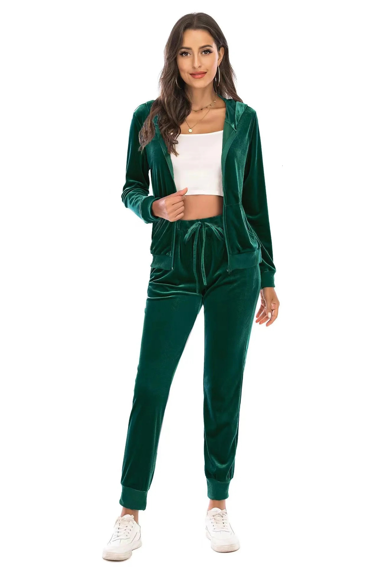 Autumn Velvet Tracksuit Womens 2 Piece Sweatshirt Sweatpants Set Full Zip Hoodie Sweatsuit With Pockets Casual Sportswear 250304