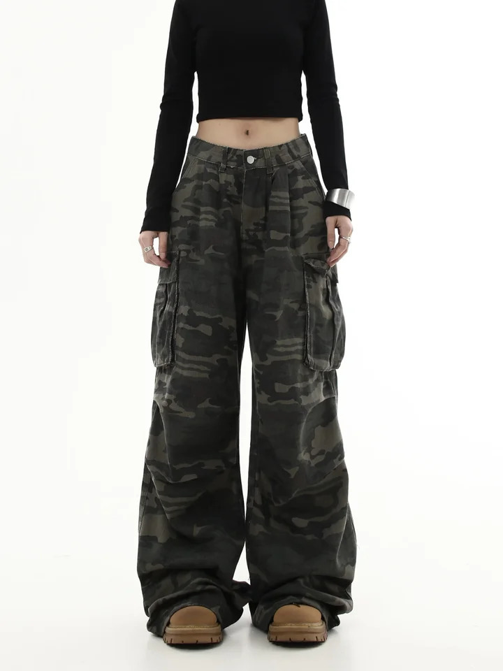 Camouflage Cargo Pants Women Y2K Streetwear Low Rise Jeans Retro Wide Leg Trousers Denim Straight Trousers Harajuku 250304