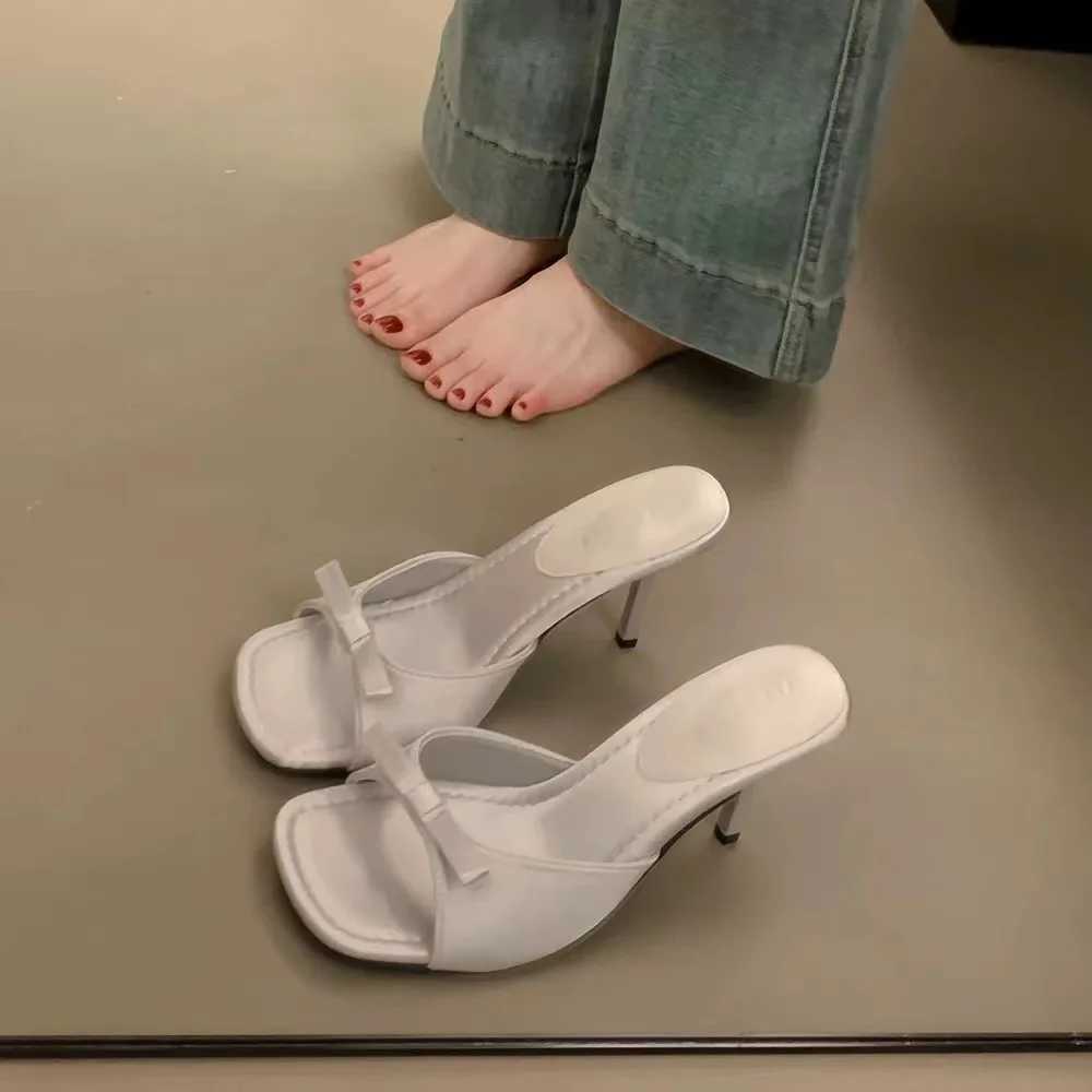 Shoes Ladies Slippers Low Slippers Wen Thin H Luxury Slides Square Toe Heeled Knife -Knot 2024 Designer Summer Y250304