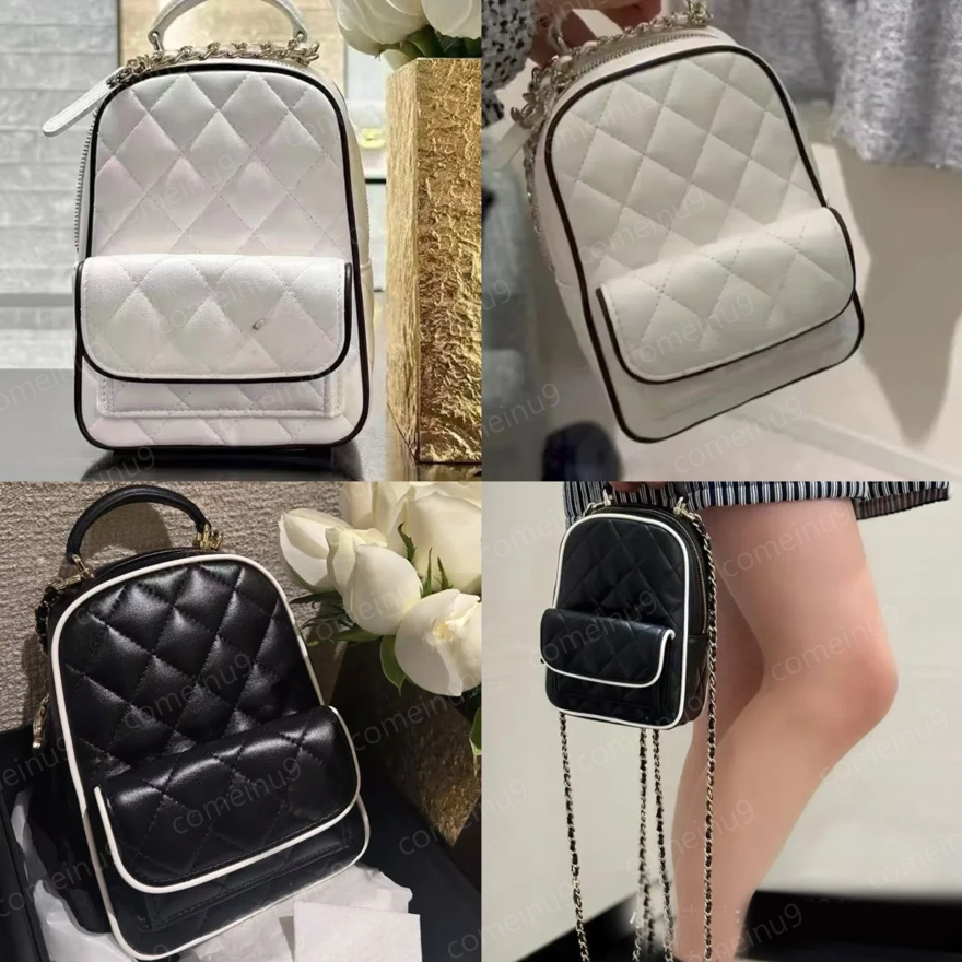 25P NEW Collection Black White Trim Mini Backpack Women's Chain Quilted Shoulder Crossbody Bag Genuine Leather School Backpacks Handbags Mirror Quality with Box