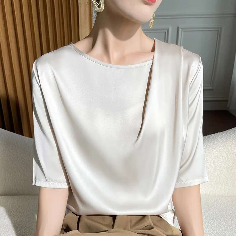 Spring Summer Female Silk T-Shirts Half Sleeve O-Neck Solid Color Fashion Women Clothe Tees Casual Loose T Shirt Oversize