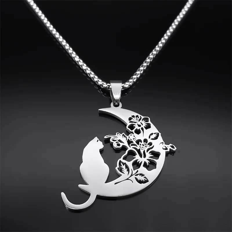 Aesthetic Cat wer Moon Crescent Necklace for Women Men Stainless Steel Sier Color Bohemia Chain Gift Jewelry collar 3220