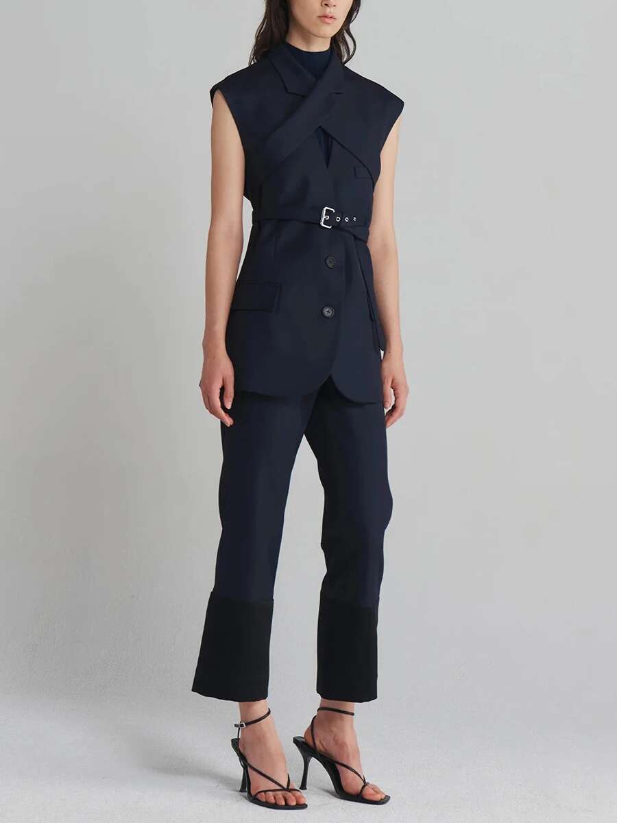TWOTWINSTYLE Solid Spliced Belts Slimming Chic Waistcoats For Women Lapel Sleeveless Tunic Temperament Top Female Fashion New
