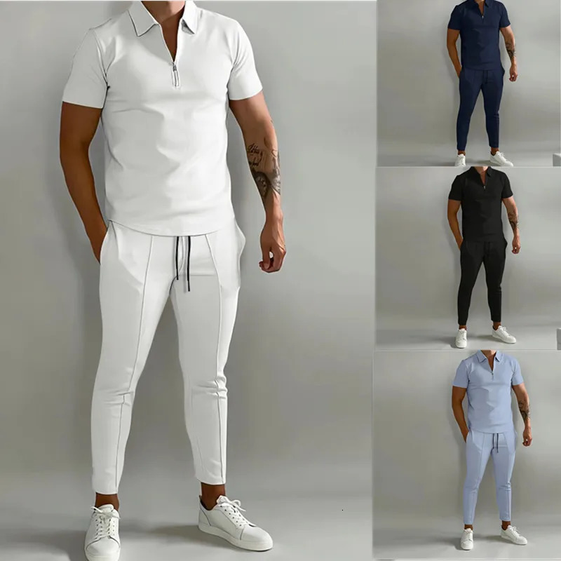 Spring and summer menswear slim trend youth leisure sports polo suit zipper pullover jacket drawstring trousers monochrome 250304