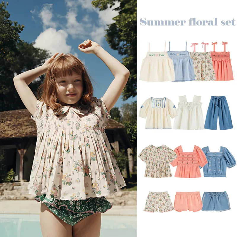 OUYANG IVAN Children Sets 25 Summer EM Girl Cute Embroidered Printed Short Sleeve Dress Kid Top Shorts Sets Blouse Skirt 250304