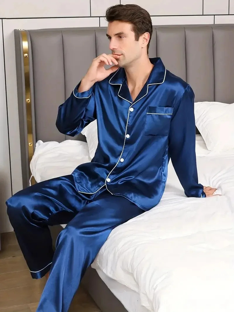 Men Pajamas Set Silk Satin Sleepwear For Man Shirt Long Sleeve Pijama Male Fashion Soft Loungewear Big Size Spring Nightwear 250304