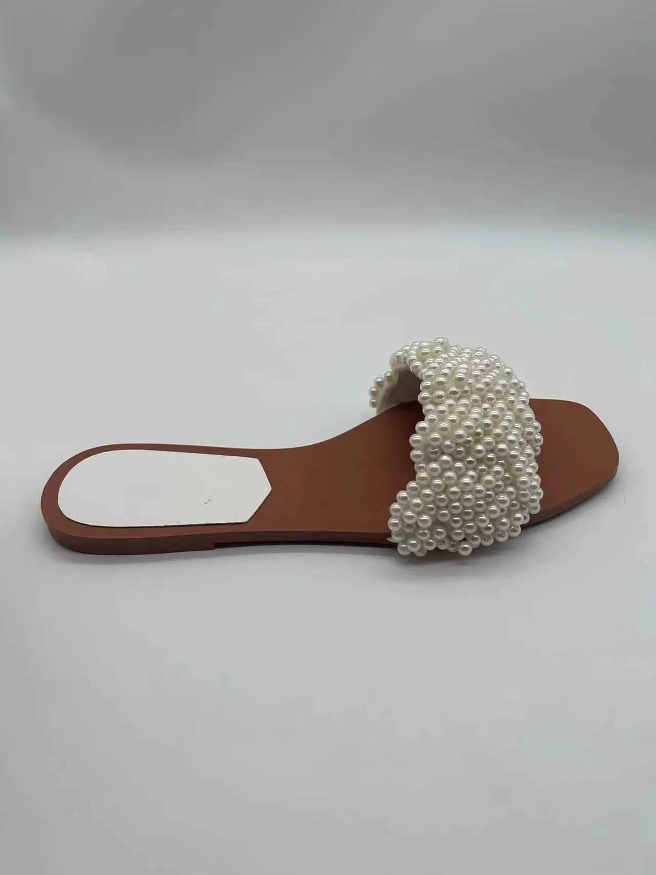 Summer new wens shoes artificial pearl inlaid half slippers open toe to wear flat casual beach shoes Y250304