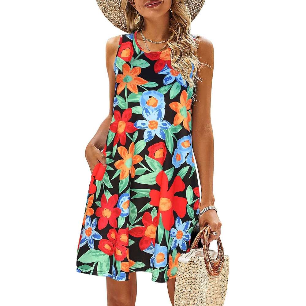Women's summer dress beach floral T-shirt casual pocket bohemian vest skirt