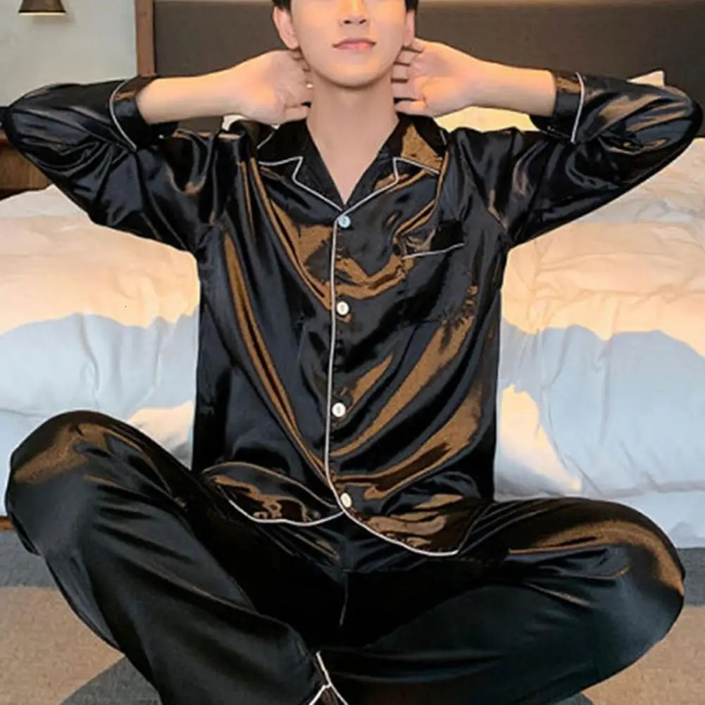 Ice Silk Pajamas Set Pullover Summer Long-sleeved Thin Silk Pajamas for Men Casual Homewear Suit Sleepwear Top Pants Clothing 250304